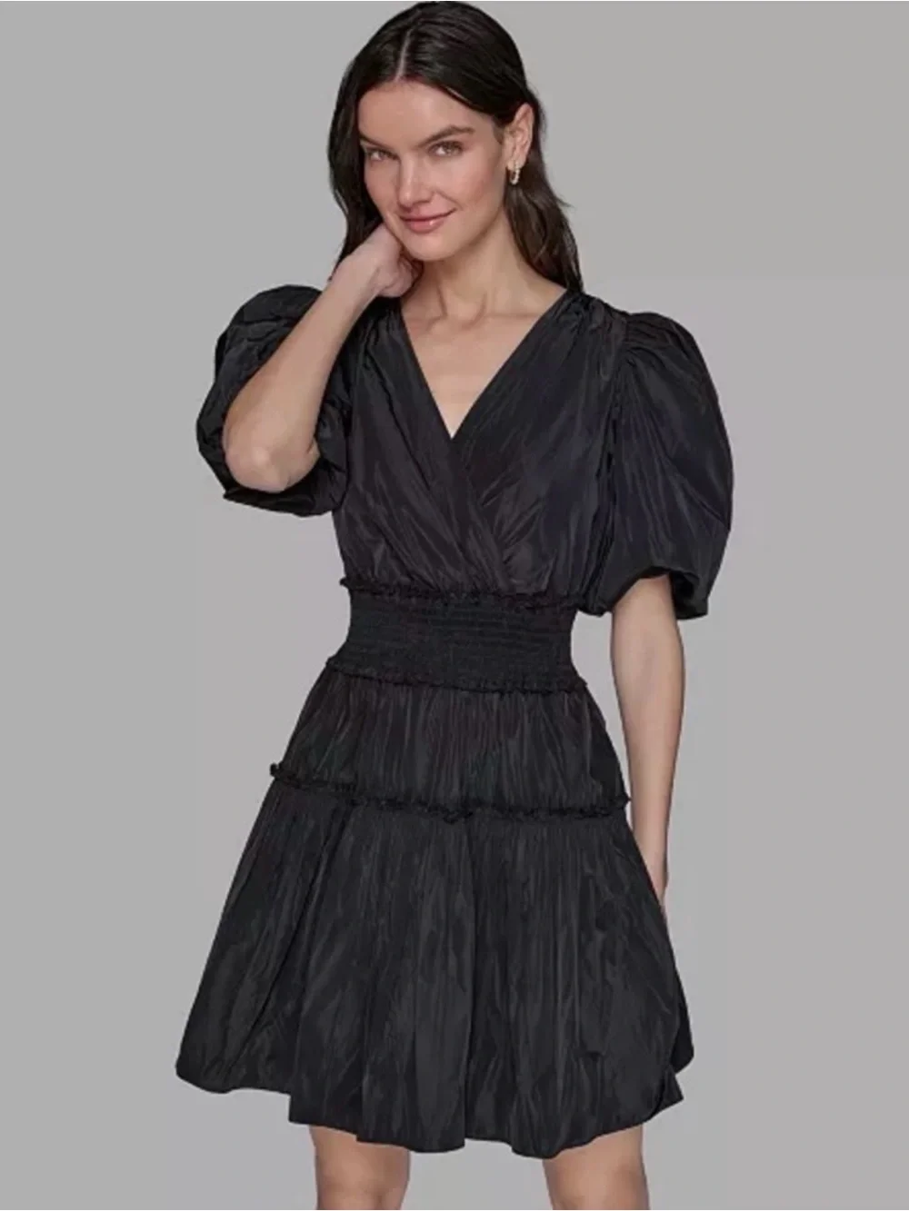 Karl Lagerfeld Paris Black Puff Sleeve Cinch Waist Mini Dress - Picture 2 of 5